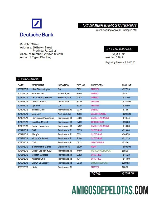 Exemplo de extrato do Deutsche Bank da Alemanha